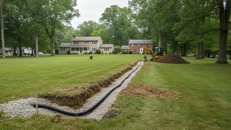 A drain field trench open, showing the washed stone and perforated pipe. Nothing may be covered until the Health Department has approved it Septic work in Howard County, MD.